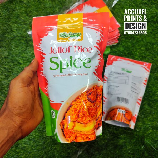 holding the printed Jollof spice pouch packaging