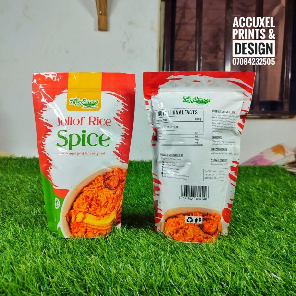 front and back of the printed Jollof spice stand up pouch packaging printing