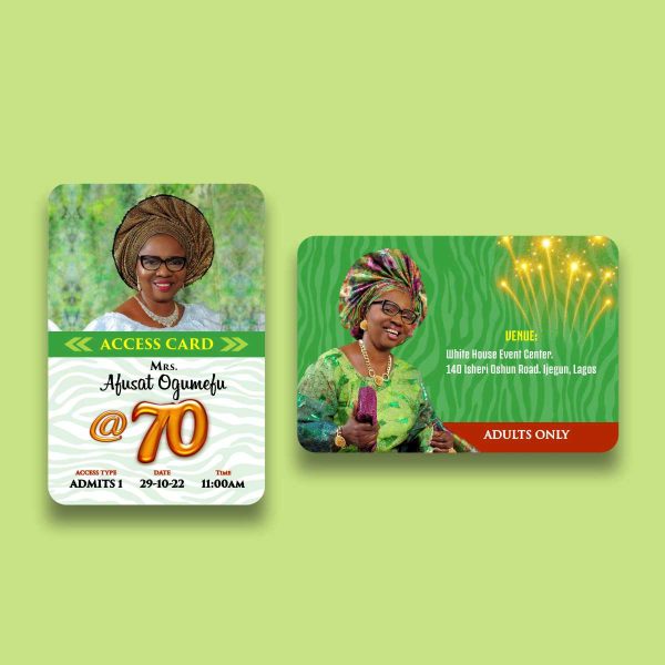 70th Birthday Access Cards Front and Back Design