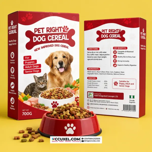 Branded dog food packaging box design and printing in Nigeria