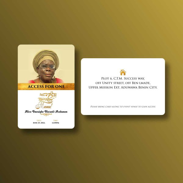 Custom 80th Birthday Access Cards front and back design