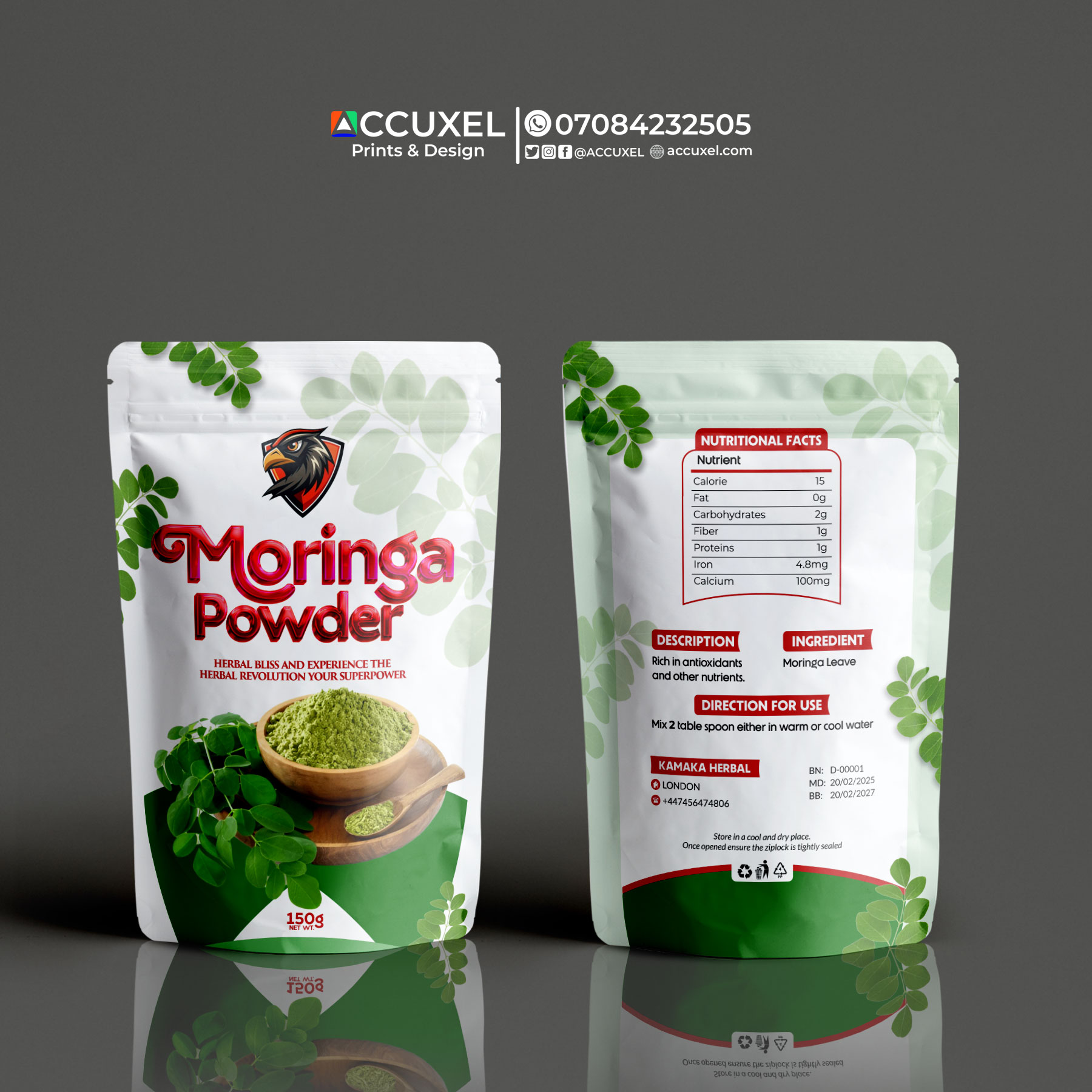 Moringa Powder Packaging Pouch Design Printing