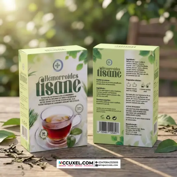 Tisane tea box design with custom logo and brand colors