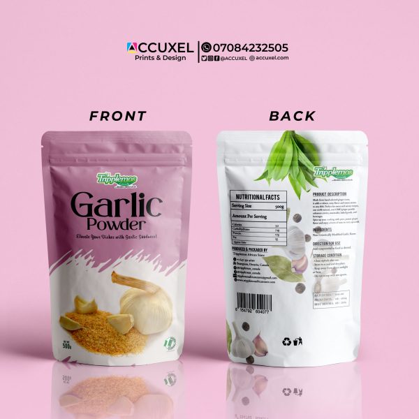 custom Garlic spice powder pouch design and printing (front and back)