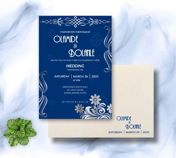 elegant royal blue and silver wedding invitations card design and printing with envelope