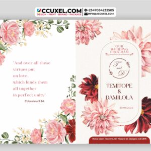 folded A4 wedding program front and back view