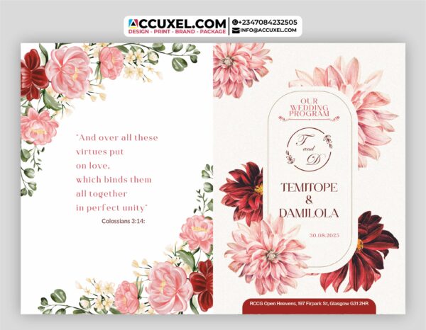 folded A4 wedding program front and back view
