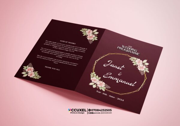 folded A5 wedding program front and back view