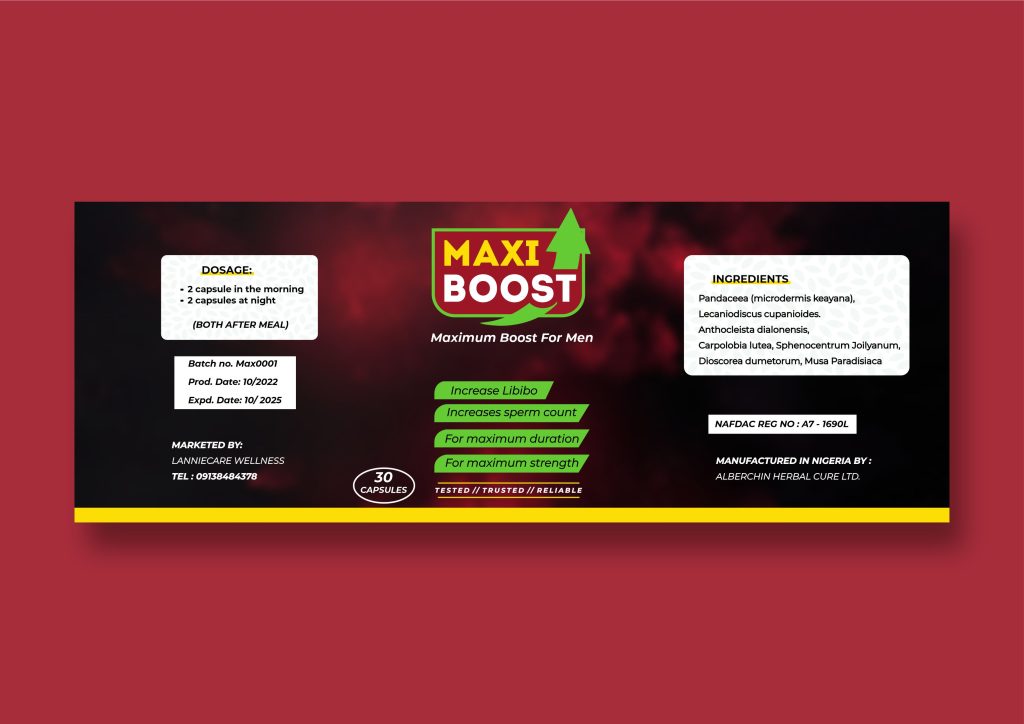 maxi boost supplement label design flat version
