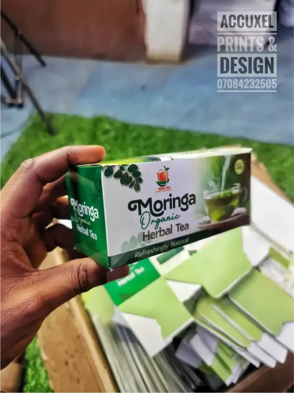 moringa tea product packaging close up branding detail