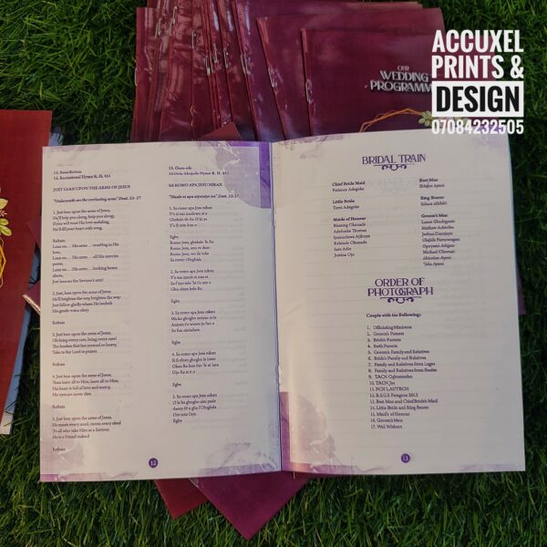 printed A5 wedding program with clean typography