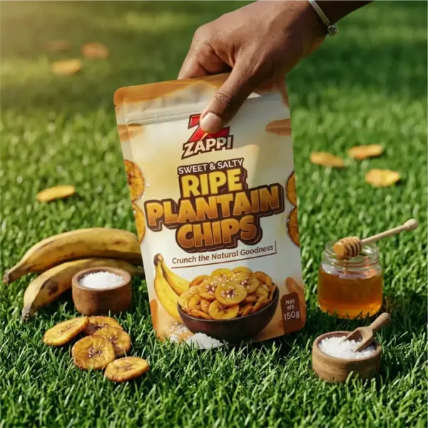 printed stand up pouch for unripe plantain chips