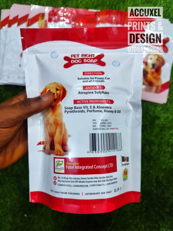 resealable dog soap pouch with label