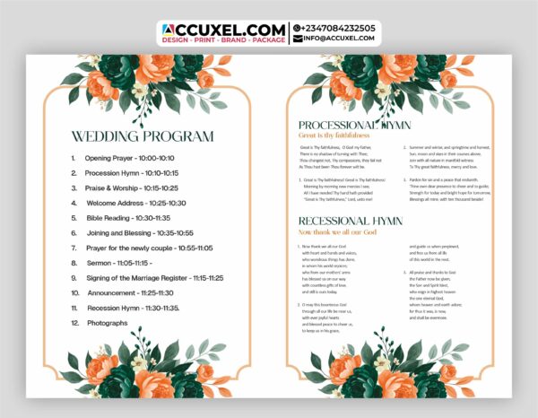 simple church wedding program A4 size