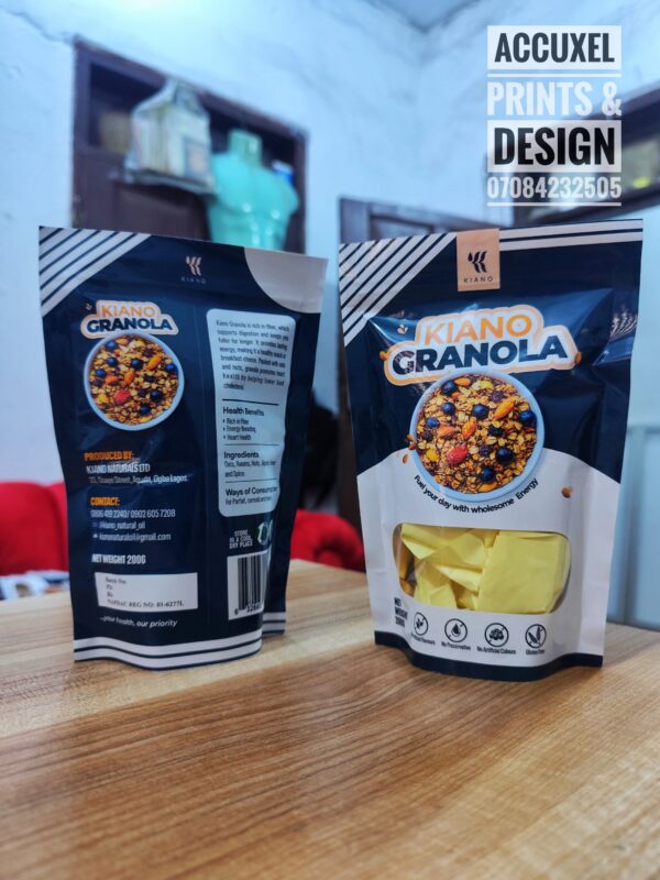 stand up pouch for granola with zipper lock and window